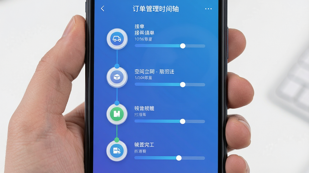 手机屏幕展示订单管理时间轴界面,从接单到完工各节点清晰标注,配有图标和进度条,蓝色渐变风格,布局纵向排列,排版工整,细节丰富,高清画质,干净无多余元素