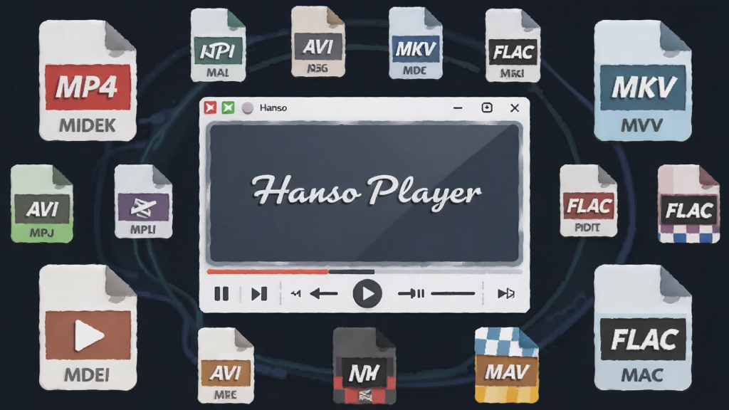 一张表现 Hanso Player 多格式兼容能力的图片,主体为播放器窗口周围环绕着多种视频与音频格式图标,布局为中心播放器加环形图标排列,风格为扁平化科技插画,细节包含“MP4”“AVI”“MKV”“FLAC”等文字标签,画质高清,画面干净,无多余元素