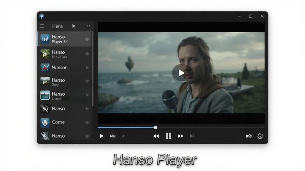 一张展示 Hanso Player 软件主界面的图片,主体为电脑屏幕中的深色播放器窗口,窗口中央显示视频播放画面,底部有播放进度条与控制按钮,左侧为播放列表栏,布局简洁对称,风格为现代科技感UI设计,细节包含清晰的图标与半透明面板,画质为高清4K,画面干净,无多余元素,屏幕下方有“Hanso Player”文字标识