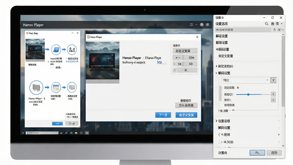 一张展示 Hanso Player 新手安装与设置流程的图片,主体为电脑屏幕上的安装向导窗口与播放器设置面板,布局为左右分栏,左侧为安装步骤截图,右侧为设置选项列表,风格为写实软件界面风格,细节包含“下一步”“自定义安装”“解码设置”等文字按钮,画质高清,画面干净,无多余元素