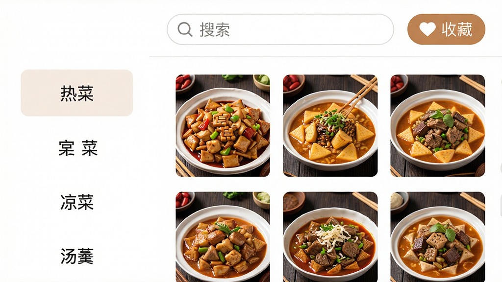 家常菜美食菜谱软件内页展示,画面呈现分类导航栏与菜谱列表,左侧为热菜、凉菜、汤羹等分类标签,右侧为宫保鸡丁、麻婆豆腐等菜品缩略图,布局清晰,风格简洁明快,细节包括搜索框与收藏按钮,画质高清,干净,无多余元素