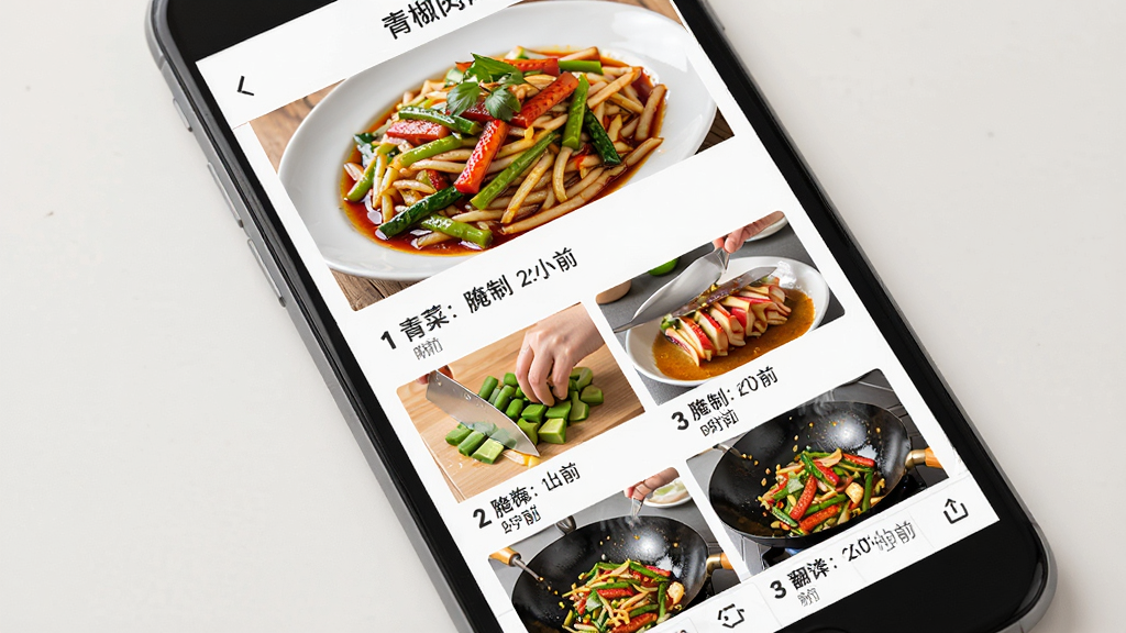 家常菜美食菜谱软件做菜步骤页面,画面展示手机屏幕内一道青椒肉丝的图文教程,上方为成品图,下方为切菜、腌制、翻炒等分步照片,布局纵向排列,风格写实生活化,细节包括步骤序号与时间提示,画质高清,干净,无多余元素