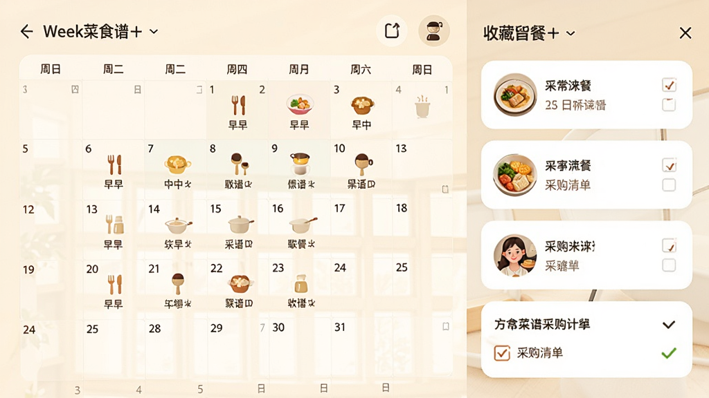 家常菜美食菜谱软件收藏与用餐计划页面,画面展示一周食谱日历与收藏夹列表,布局采用日历网格与卡片结合,风格温馨居家,细节包括早中晚餐图标与采购清单勾选框,画质高清,干净,无多余元素