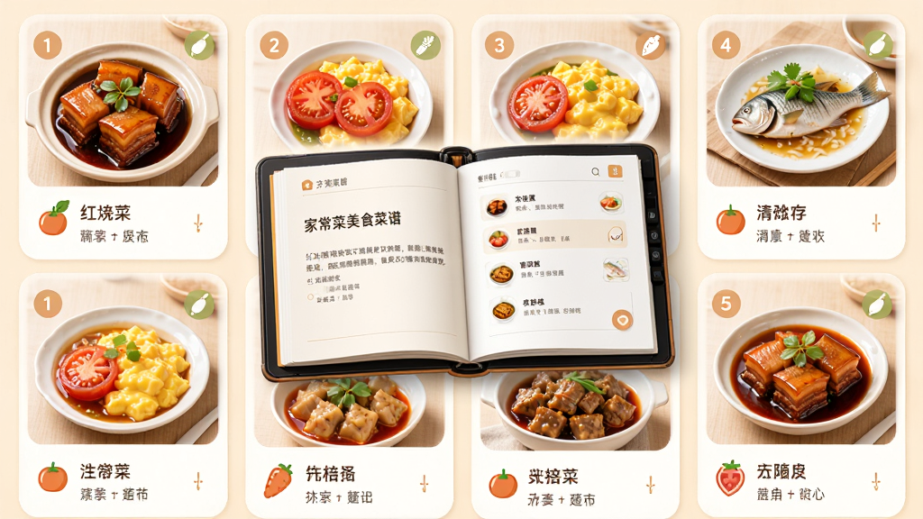 家常菜美食菜谱软件主界面展示,画面中央是一本打开的电子菜谱,周围环绕着红烧肉、番茄炒蛋、清蒸鱼等常见家常菜图标,布局采用网格卡片式排版,风格清新温暖,细节包括食材小图标与步骤序号,画质高清,干净,无多余元素