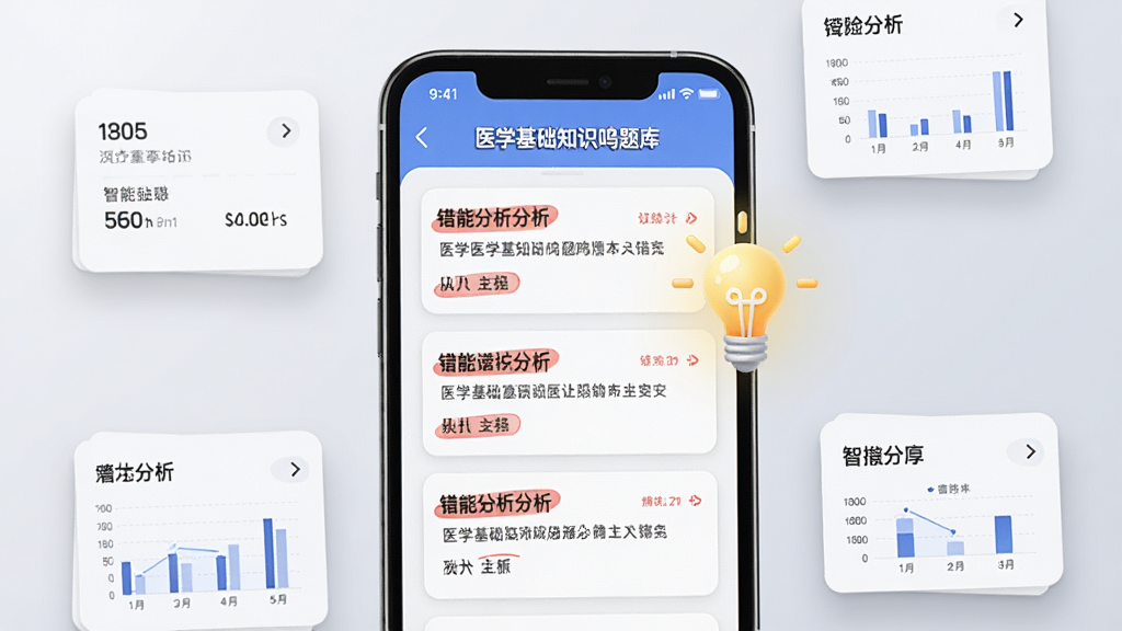 一部手机屏幕中显示“医学基础知识鸣题库”的错题本界面,界面中红色标记的错题卡片整齐排列,旁边有一个发光的灯泡图标象征智能分析,背景是柔和的浅灰色,布局为手机居中、周围有数据统计小卡片环绕,风格简约现代,细节包括卡片阴影和数字统计图表,画质高清,干净无多余元素