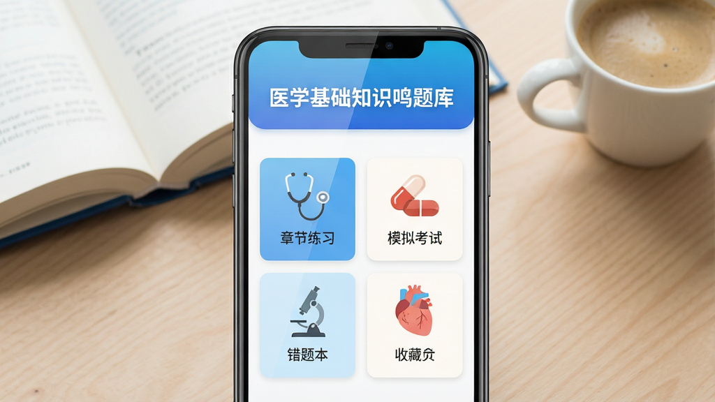 主图展示一部智能手机竖屏放置在浅色木质桌面上,屏幕中显示“医学基础知识鸣题库”应用界面,界面上方是蓝色渐变标题栏,下方排列着章节练习、模拟考试、错题本、收藏夹四个功能入口卡片,每个卡片配有简洁的医学图标如听诊器、药丸、显微镜、心脏,背景是干净的书本和一杯咖啡,整体布局为居中构图,风格清新简洁扁平化,细节包括屏幕反光和桌面木纹质感,画质高清1080P,干净无多余元素