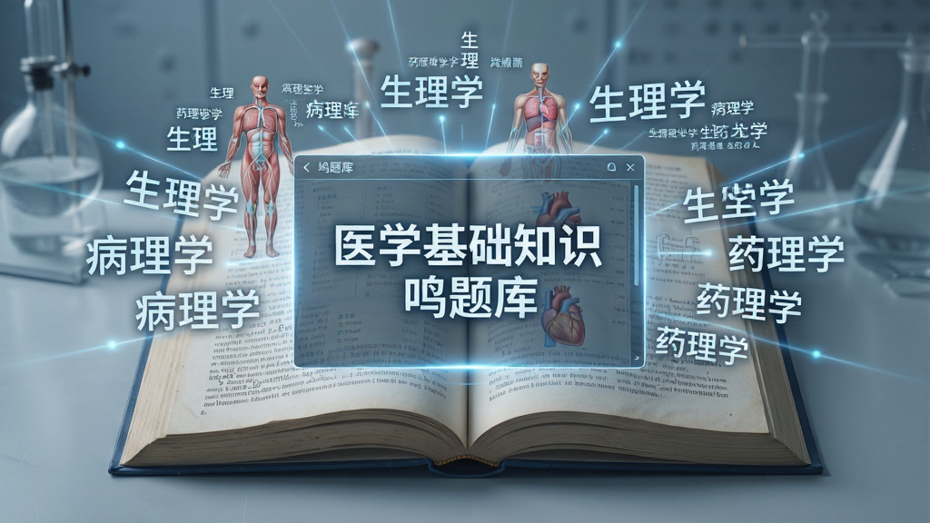 画面中央是一本打开的医学教科书,书页上浮现出半透明的数字题库界面,界面中显示“医学基础知识鸣题库”字样,周围环绕着解剖学、生理学、病理学、药理学等科目的标签云,布局为居中放射状构图,风格现代科技感与学术氛围结合,细节包括书页纹理和数字光效,画质高清,干净无多余元素