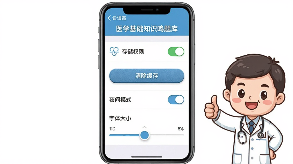 一部手机屏幕显示“医学基础知识鸣题库”的设置界面,界面中有存储权限开关、清除缓存按钮、夜间模式切换、字体大小调节滑块等选项,旁边有一个卡通医生形象竖起大拇指,布局为手机居中、卡通人物在侧,风格亲切友好,细节包括设置项图标和滑块质感,画质高清,干净无多余元素