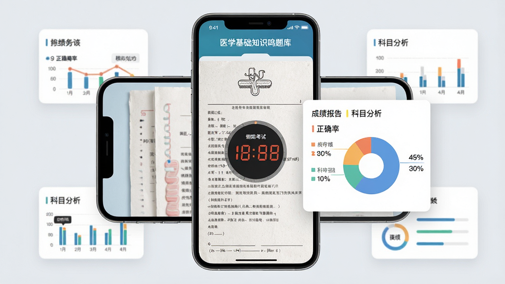 一部手机横屏显示“医学基础知识鸣题库”模拟考试界面,屏幕中有一张医学试卷和倒计时时钟,旁边浮动着成绩报告卡片显示正确率百分比和科目分析饼图,布局为手机居中、周围环绕数据元素,风格专业严谨,细节包括试卷纸张质感和数据可视化图表,画质高清,干净无多余元素