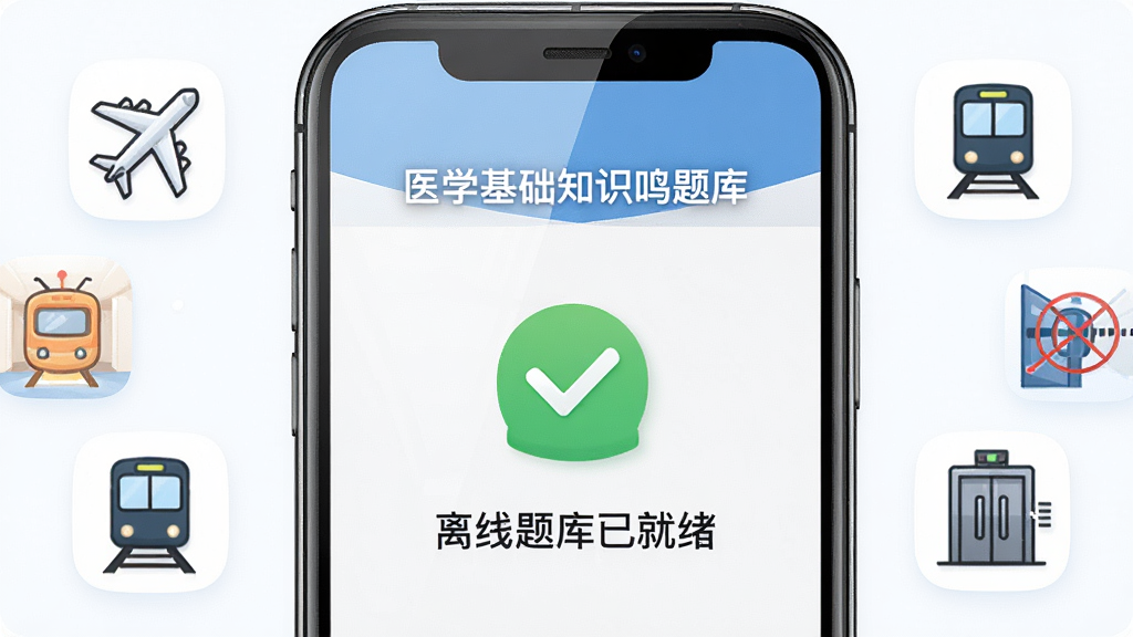 一部手机显示“医学基础知识鸣题库”离线模式界面,屏幕中有一个下载完成的绿色对勾图标和“离线题库已就绪”字样,周围环绕着飞机、地铁、电梯等无网络场景的小图标,布局为手机居中、场景图标环绕,风格简洁明快,细节包括图标线条和手机屏幕光泽,画质高清,干净无多余元素