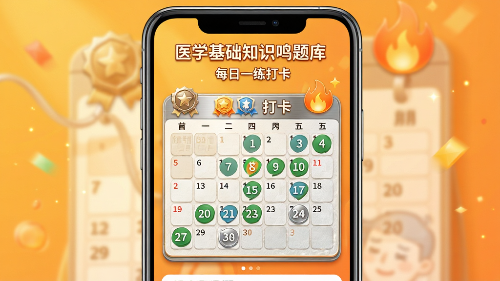 一部手机竖屏显示“医学基础知识鸣题库”每日一练打卡界面,屏幕中央有一个日历打卡面板,已有多个日期被标记为已完成,旁边有火焰图标和成就徽章,背景是温暖的橙黄色调,布局为手机居中、日历面板突出,风格活泼激励,细节包括徽章金属质感和日历格子纹理,画质高清,干净无多余元素