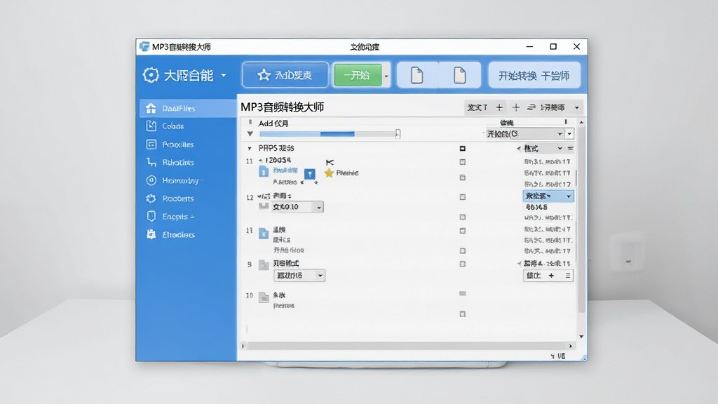 软件主界面全景展示,画面中央是MP3音频转换大师的软件窗口,左侧为功能导航栏,右侧为文件列表区域,顶部有添加文件和开始转换按钮,界面风格简洁现代,配色以蓝白为主,背景为干净的浅灰色桌面,整体布局清晰,风格为写实软件截图风,细节包括进度条和格式选择下拉框,画质清晰,干净,无多余元素