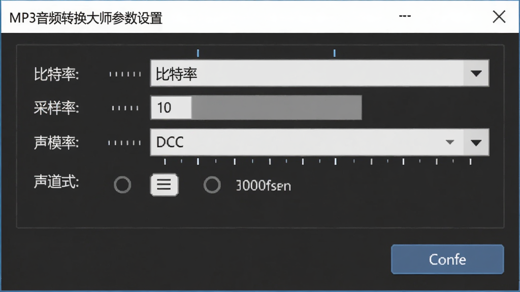 MP3音频转换大师参数设置界面图,画面展示软件参数调节面板,包含比特率下拉菜单、采样率选择框、声道模式选项,界面风格为深色专业风,背景为深灰色,细节包括数值刻度和确认按钮,画质清晰,干净,无多余元素