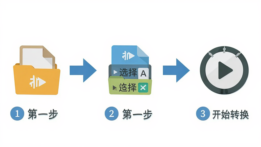 MP3音频转换大师操作流程图,画面展示三步操作步骤,第一步添加文件图标,第二步选择格式图标,第三步开始转换图标,三个步骤横向排列,背景为白色,风格为扁平化流程图,细节包括步骤编号和箭头连接,画质清晰,干净,无多余元素