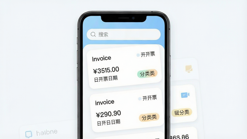 一张展示手机屏幕中电子发票存查应用主界面的效果图,画面主体是一部竖屏智能手机,屏幕中央显示应用首页,顶部有搜索框,下方是发票卡片列表,每张卡片带有发票金额、开票日期与分类标签,界面布局干净整洁,排版采用上下结构,风格为现代简约科技风,细节包括浅蓝色主色调、圆角卡片、清晰的图标与文字,画质高清,干净,无多余元素