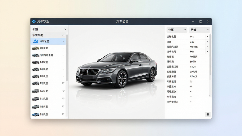 软件主界面展示,画面中央是汽车公告软件窗口,左侧为车型列表,右侧为详细参数面板,背景为浅色渐变,整体风格简洁商务,画质清晰干净,无多余元素