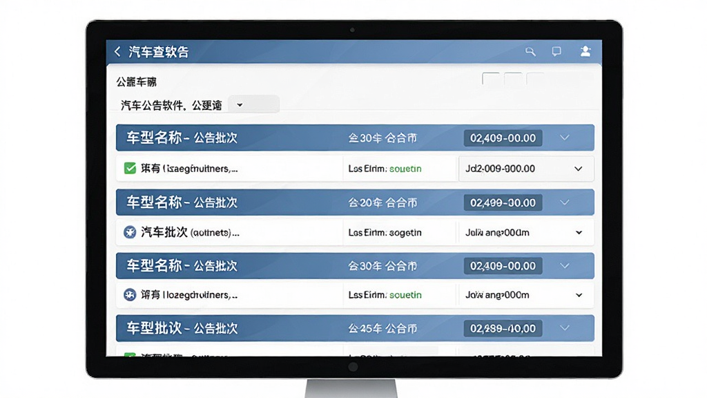 汽车公告软件数据查询界面,屏幕中显示多条车辆公告记录,每条记录包含车型名称与公告批次,界面布局整齐,风格清爽,画质清晰,无杂乱元素
