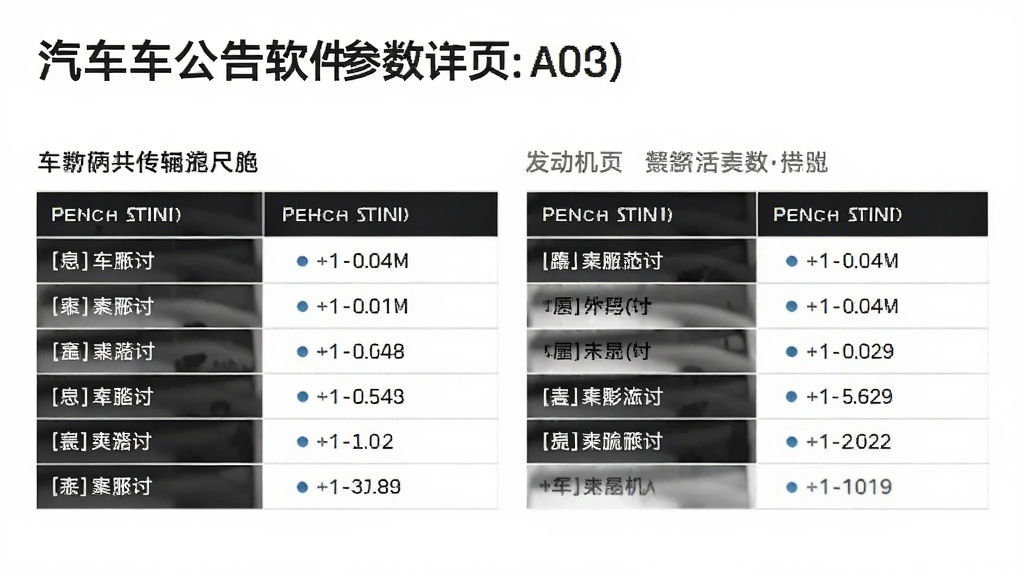 汽车公告软件参数详情页,页面中展示车辆外形尺寸与发动机参数表格,字体清晰,排版整齐,背景为白色,风格专业简洁,画质高清干净