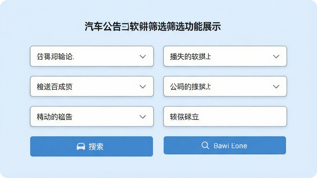 汽车公告软件筛选功能展示,画面中呈现多个下拉筛选框与搜索按钮,背景为淡蓝色,排版规整,风格简约现代,画质干净清晰