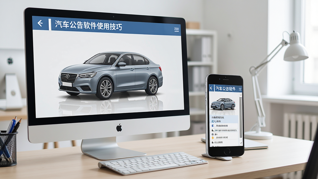 汽车公告软件使用技巧示意图,画面中展示电脑与手机同步查询场景,背景为办公桌面,风格写实简洁,画质清晰,无多余装饰