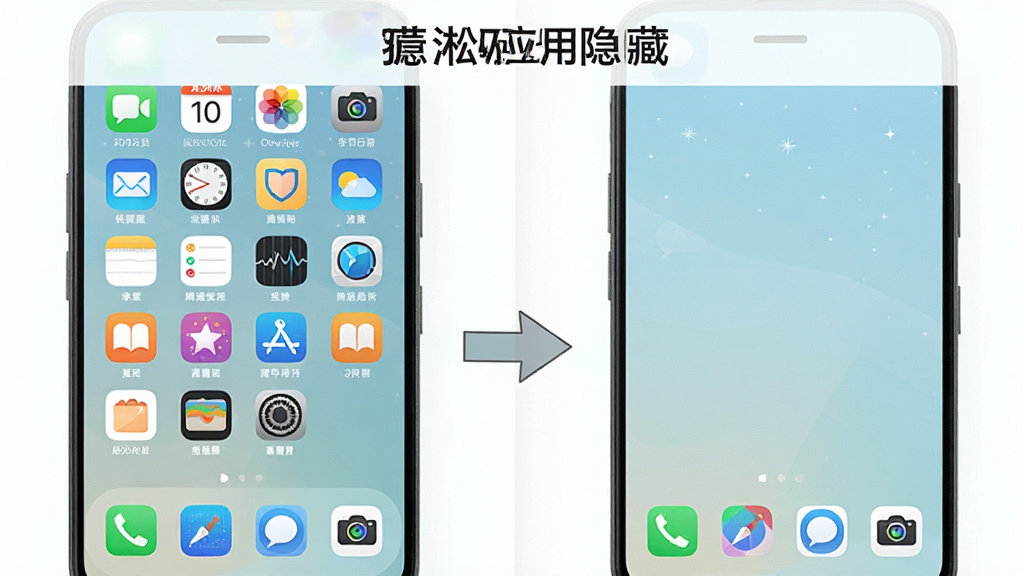 一张展示“凇应用隐藏”一键隐藏功能的示意图,画面左侧是正常手机桌面排列着多个应用图标,右侧是隐藏后的干净桌面,中间有一个箭头表示隐藏操作,手机屏幕上方显示“凇应用隐藏”标识,整体风格简洁明了,配色清爽,画质干净,无多余元素