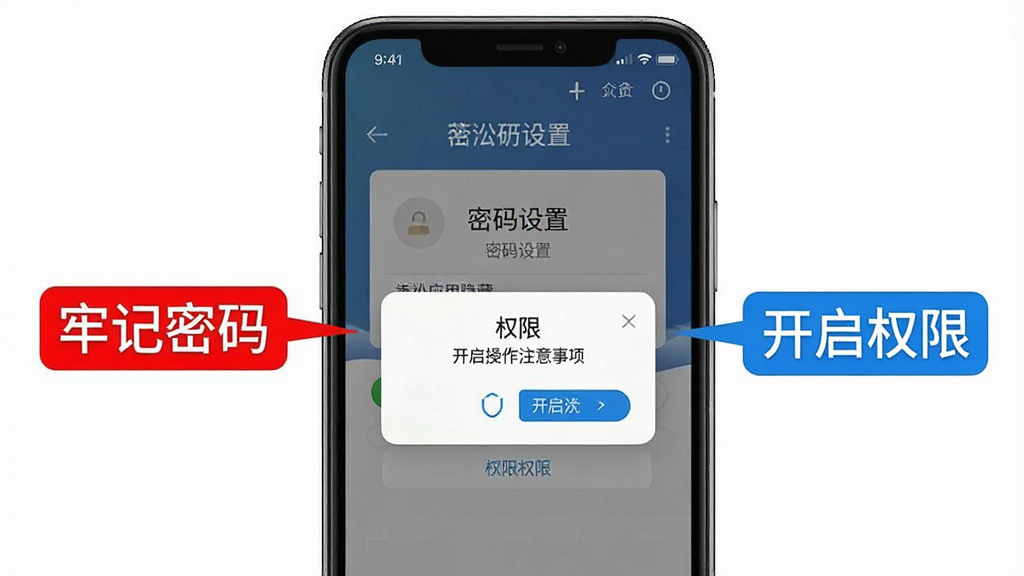 一张展示“凇应用隐藏”新手操作注意事项的示意图,画面以手机屏幕为背景,屏幕上显示密码设置界面和权限授予弹窗,旁边有红色标注“牢记密码”和蓝色标注“开启权限”,整体风格清晰直观,画质干净,无多余元素