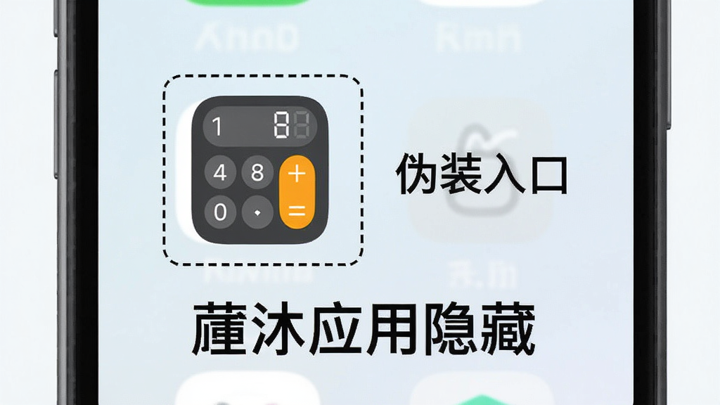 一张展示“凇应用隐藏”伪装入口功能的示意图,画面中手机桌面显示一个计算器图标,旁边有虚线框标注“伪装入口”,下方显示“凇应用隐藏”字样,背景为浅色简约风格,细节清晰,画质干净,无多余元素