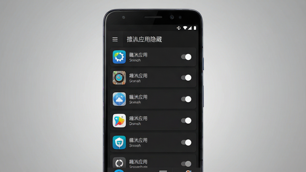 一张以“凇应用隐藏”为主题的手机应用界面展示图,画面中央是一部安卓手机,手机屏幕显示凇应用隐藏软件的主界面,界面采用深色系设计,顶部有“凇应用隐藏”字样,中间是应用列表和隐藏开关按钮,背景为简洁的灰色渐变,整体风格科技感强,细节清晰,画质干净,无多余元素