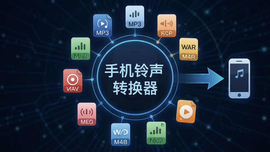 手机铃声转换器多格式转换功能展示图,画面中央是多个音频格式图标环绕软件名称
