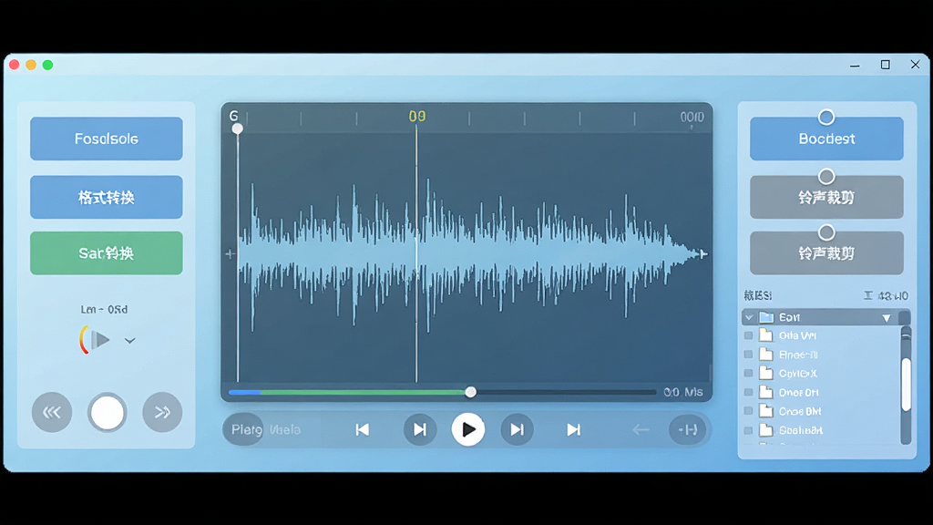 手机铃声转换器软件主界面全景展示,中央是音频波形编辑区,左右两侧分别排列格式转换按钮与铃声裁剪工具,背景为浅蓝色渐变,界面干净整洁,风格为现代扁平化设计,细节包含进度条、播放控制键与文件列表,画质清晰,无多余元素
