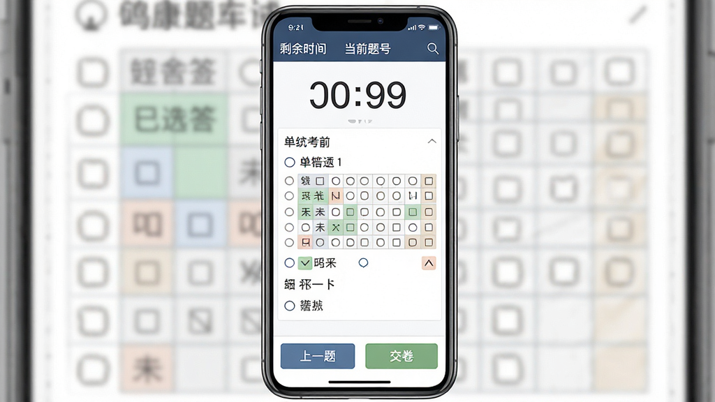 健康管理师鸣题库模拟考试界面展示,手机屏幕竖版构图,主体为考试答题卡与倒计时器,布局顶部显示剩余时间和当前题号,中部为单选题选项区域,底部为上一题下一题与交卷按钮,风格严肃考试风,细节包含答题卡网格中已答未答的色块区分,画质清晰干净,无多余元素