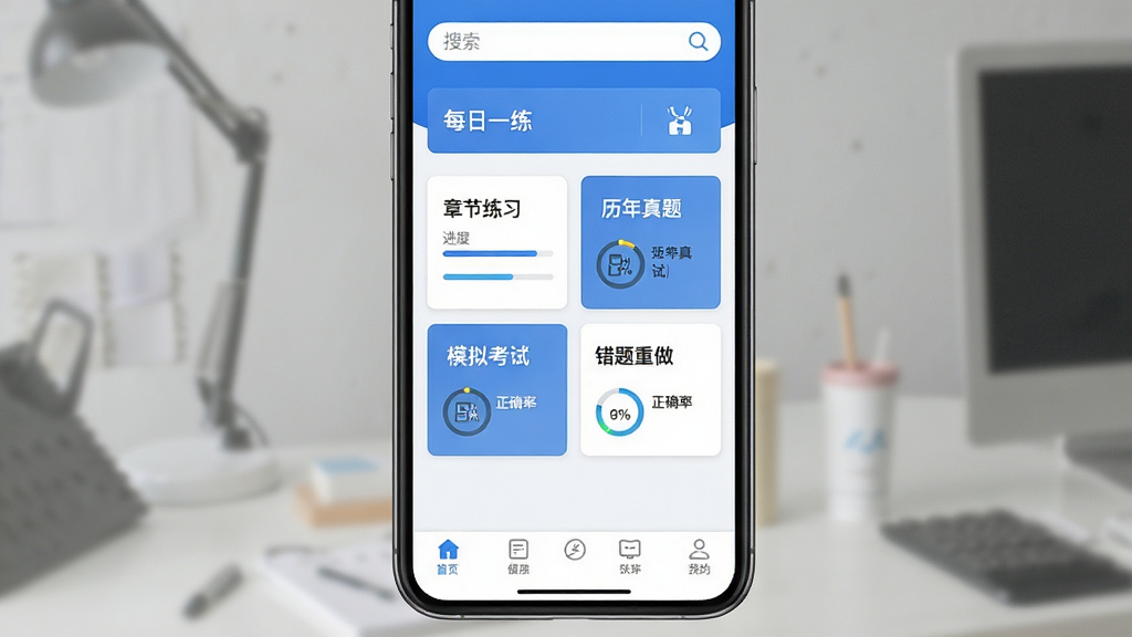 健康管理师鸣题库软件主界面全貌展示,手机屏幕竖版构图,主体为蓝白色调的学习应用界面,布局上方显示搜索框与每日一练入口,中部排列章节练习、历年真题、模拟考试、错题重做四个功能卡片,下方为底部导航栏,风格简洁商务,细节包含进度条与正确率百分比图标,画质清晰干净,无多余元素