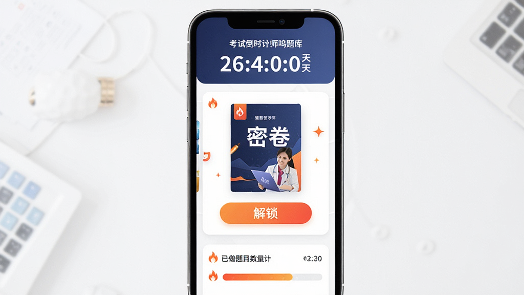 健康管理师鸣题库考前冲刺界面展示,手机屏幕竖版构图,主体为倒计时冲刺题包列表,布局顶部显示考试倒计时天数,中部为密卷封面与解锁按钮,底部为已做题目数量统计,风格激励备考风,细节包含火焰图标与进度条,画质清晰干净,无多余元素