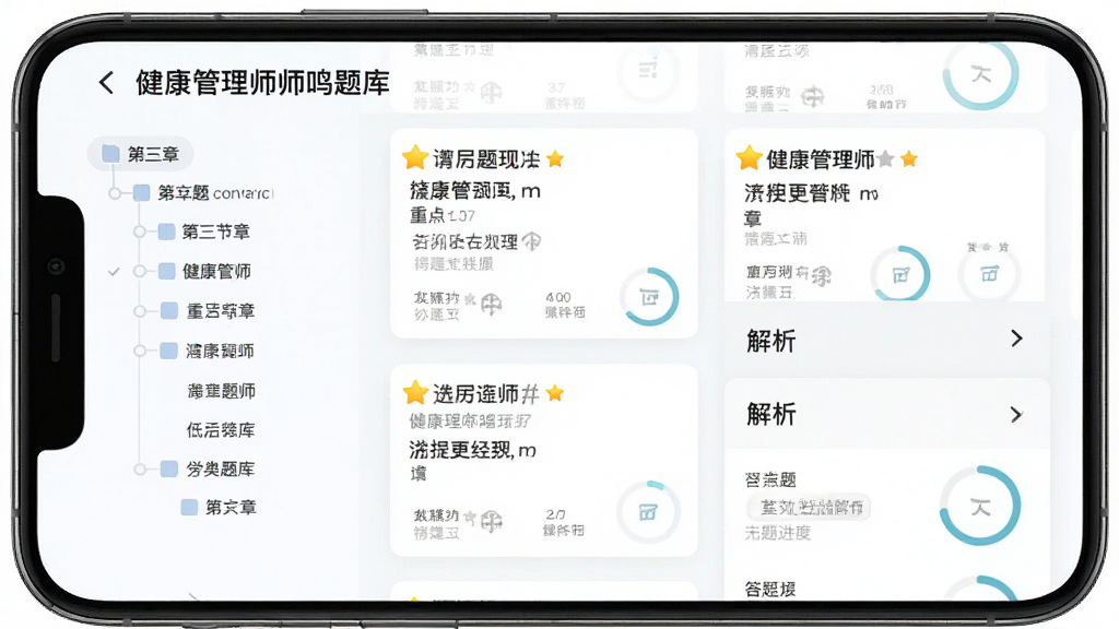 健康管理师鸣题库海量题库界面展示,手机屏幕竖版构图,主体为分类清晰的题库列表,布局左侧显示章节树状导航,右侧展示题目卡片与解析折叠面板,风格清新学习风,细节包含星星标记的重点题目标识与答题进度环,画质清晰干净,无多余元素