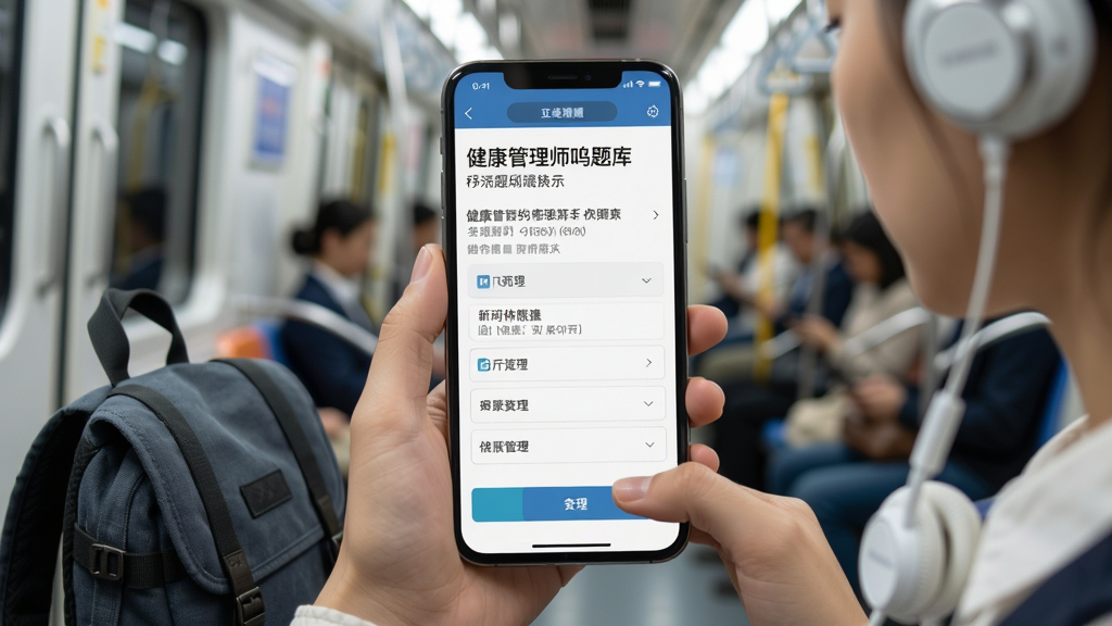 健康管理师鸣题库移动端刷题场景展示,手机屏幕竖版构图,主体为考生在地铁上使用手机刷题,布局上方为手机界面显示题目与选项,下方为手持手机的动作,风格生活化学习场景,细节包含耳机、背包与车厢背景虚化,画质清晰干净,无多余元素