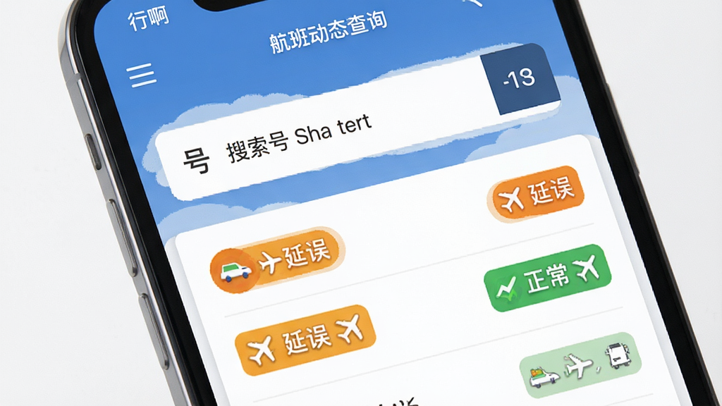 行啊APP航班动态查询界面,主体为手机屏幕特写,屏幕显示航班号搜索结果与状态标签,布局为上下结构,排版清晰,风格为扁平化设计,细节包含绿色正常状态标识、橙色延误标识、飞机图标,画质高清,干净,无多余元素