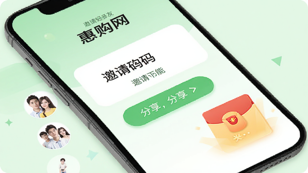 惠购网邀请好友功能界面,画面展示手机屏幕内邀请页面,包含邀请码和分享按钮,旁边有多个好友头像图标和红包奖励图标,背景为浅绿色,风格清新,画质干净,无多余元素