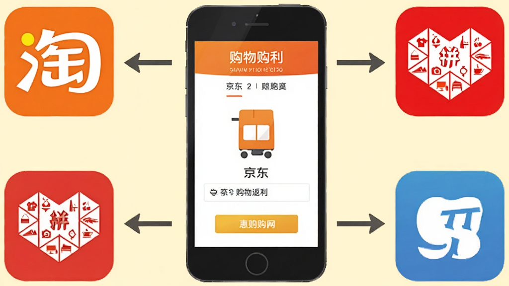 惠购网全网返利功能示意图,画面中一部手机位于中央,手机屏幕显示购物返利页面,周围环绕淘宝京东拼多多等电商平台图标,图标之间用箭头连接至手机,背景为淡黄色,风格扁平化,画质干净清晰,无多余元素