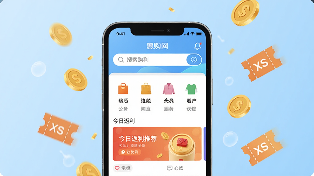 惠购网手机应用主界面展示,画面中央是手机屏幕,屏幕内呈现购物返利APP首页,包含搜索框、商品分类图标和今日返利推荐横幅,背景为浅蓝色渐变,周围漂浮金币和优惠券图标,整体风格简洁明亮,扁平化设计,细节清晰,画质干净,无多余元素