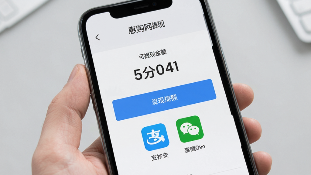 惠购网提现页面展示,手机屏幕显示提现界面,包含可提现金额、提现按钮和支付宝微信图标,背景为浅灰色,风格简约商务,画质清晰,无多余元素