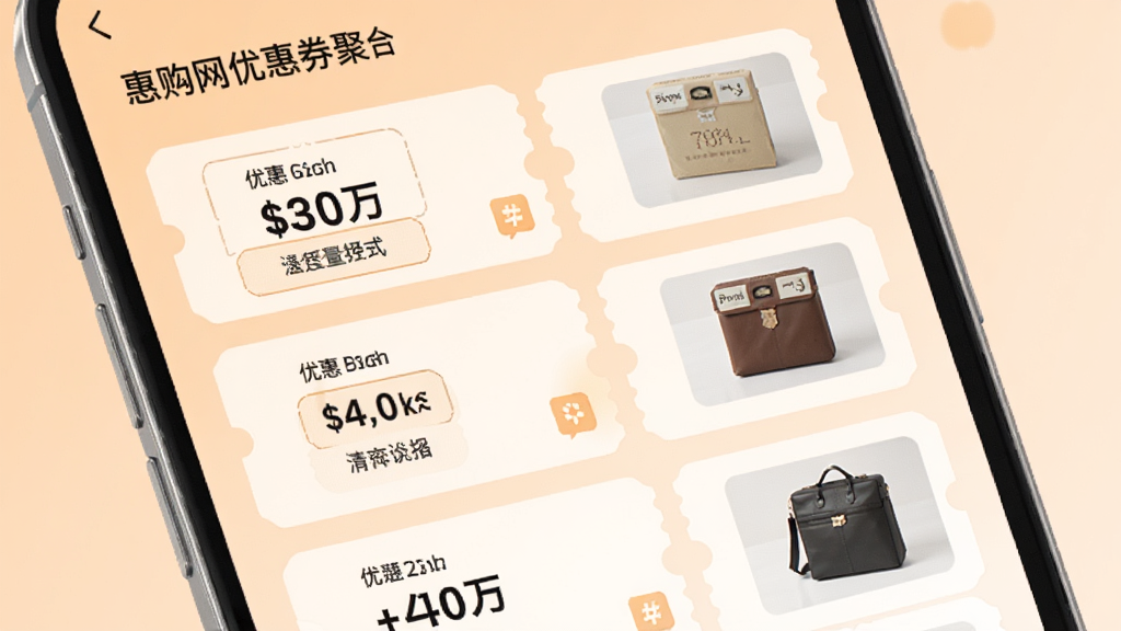 惠购网优惠券聚合功能界面,手机屏幕展示优惠券列表,包含不同面额的优惠券卡片和商品缩略图,背景为浅橙色,风格柔和圆角,画质干净,无多余元素