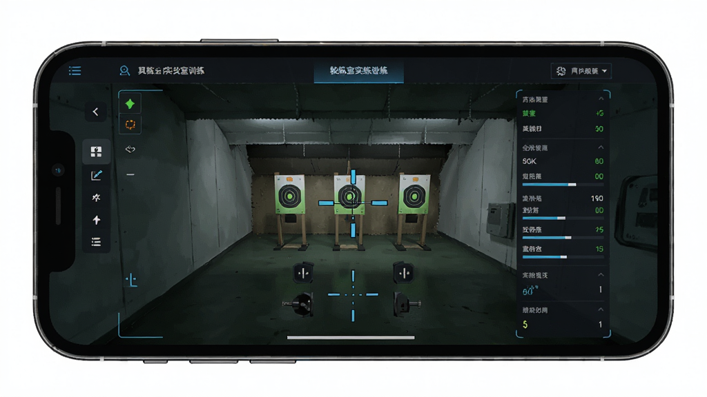 一张展示瞄准实验室软件界面的预览图,主体为手机屏幕中显示射击训练靶场画面,布局居中,排版简洁,风格为科技感深色主题,细节包括准星、靶标、数据面板,画质清晰,干净,无多余元素