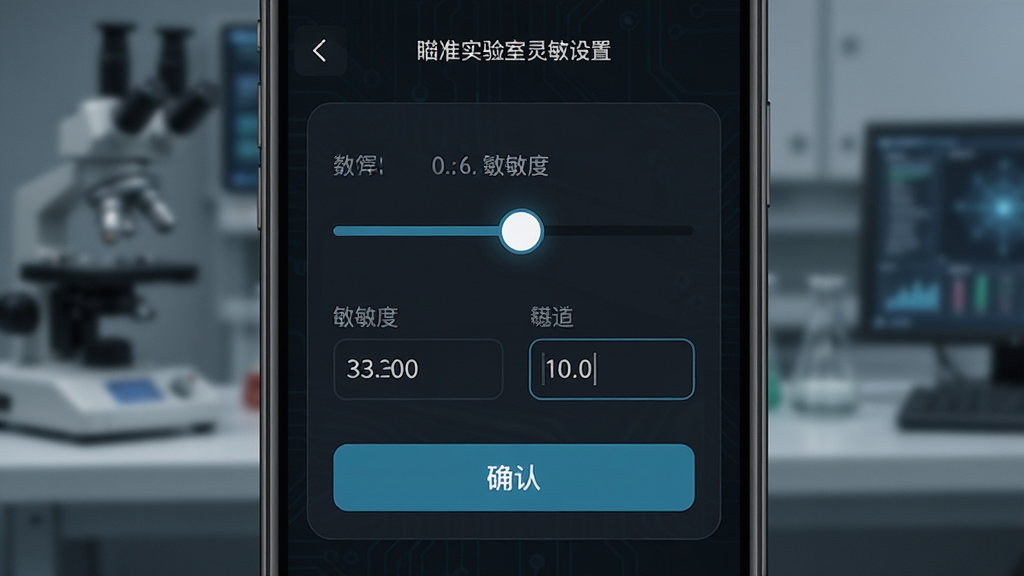 瞄准实验室灵敏度设置界面展示图,主体为手机屏幕中显示滑块调节条和数值输入框,布局居中,排版规整,风格为暗色科技风,细节包括灵敏度数值、确认按钮,画质清晰,干净,无多余元素