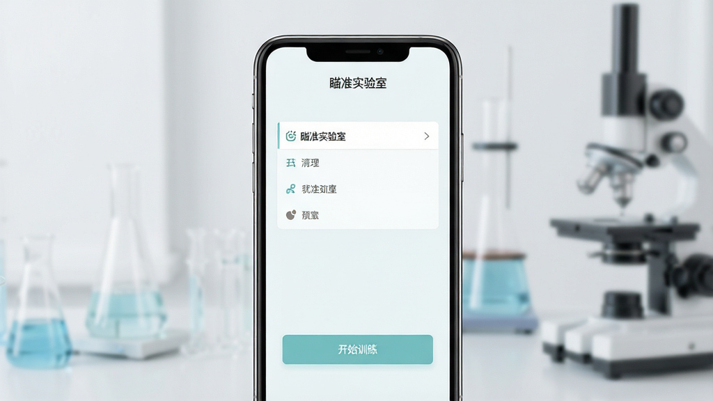 瞄准实验室清爽主界面展示图,主体为手机屏幕中显示简洁的菜单和开始按钮,布局居中,排版极简,风格为干净浅色主题,细节包括软件名称“瞄准实验室”、开始训练按钮,画质清晰,干净,无多余元素