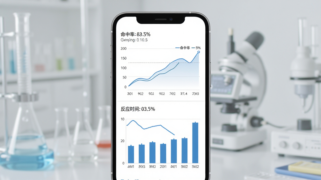 瞄准实验室数据统计页面展示图,主体为手机屏幕中显示折线图和柱状图,布局上下结构,排版清晰,风格为现代简约,细节包括命中率百分比、反应时间数值,画质清晰,干净,无多余元素