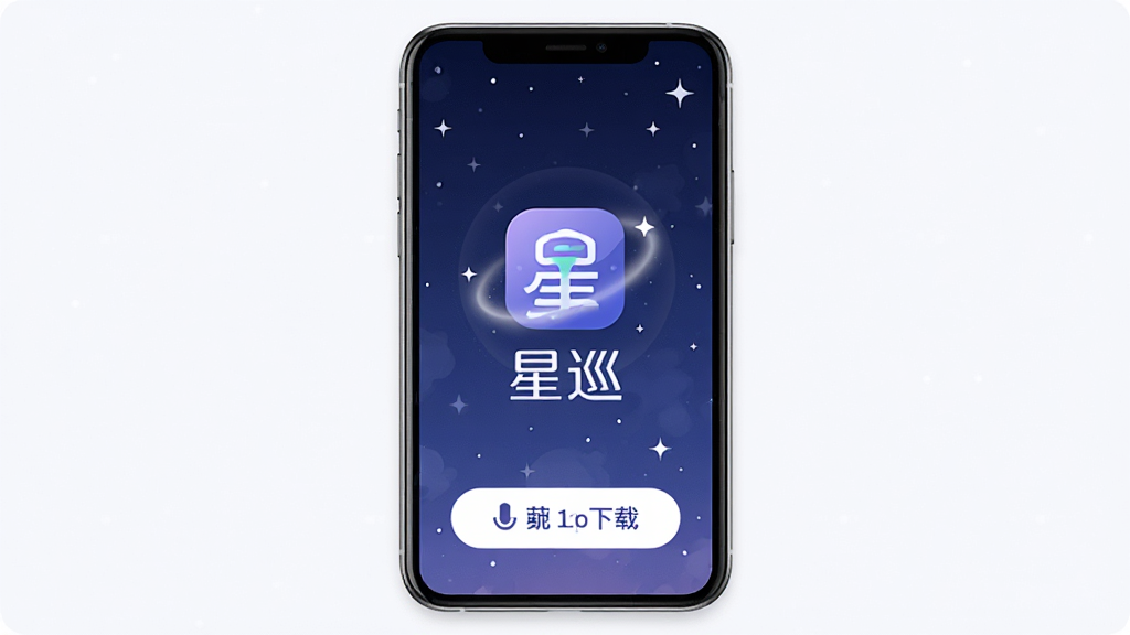 画面中央是一部智能手机,屏幕上显示着星逑应用的简洁界面,界面以深蓝色星空为主题背景,中央有星逑的图标和名称“星逑”,图标周围环绕着淡淡的光晕和星点,手机下方是干净的应用下载按钮,画面整体采用现代扁平化设计风格,配色以深蓝、浅紫、白色为主,细节清晰,画质干净,无多余元素,适合作为软件下载页配图