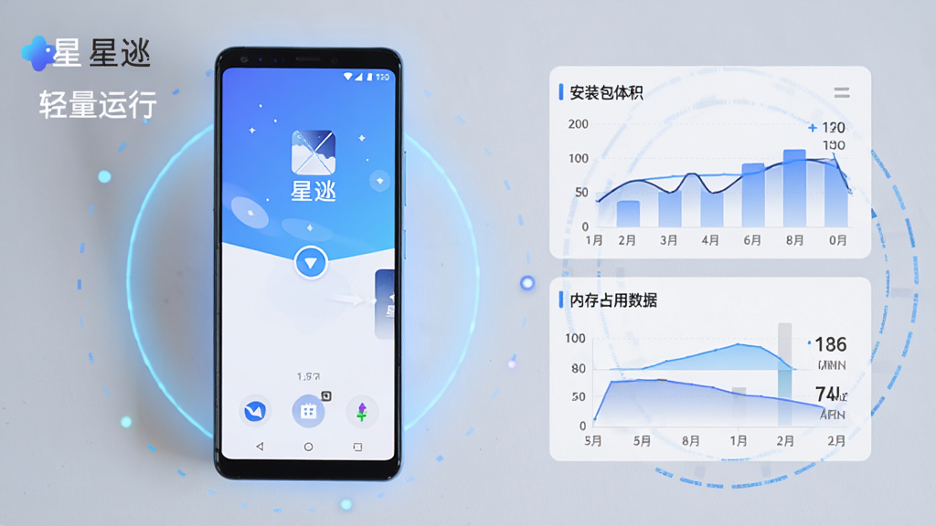 画面展示一部安卓手机,手机屏幕中星逑应用正在流畅运行,界面切换动画顺滑,画面右侧以图表形式展示安装包体积和内存占用数据,整体风格简洁科技感,配色以蓝白为主,手机周围有轻微的光效点缀,画质清晰干净,图中文字标注“星逑”和“轻量运行”,无多余元素