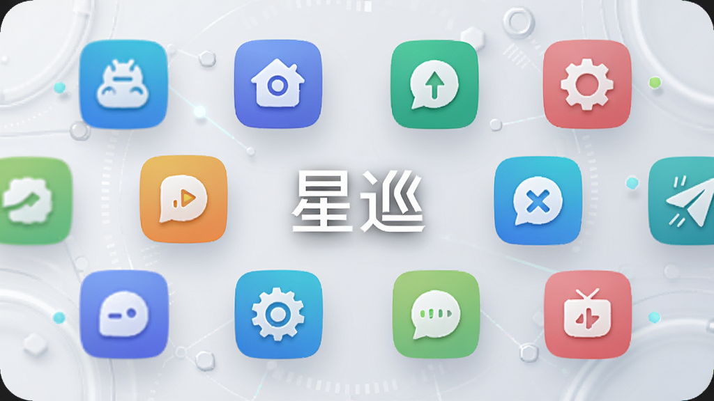 画面展示星逑应用内部多个功能模块的图标悬浮排列,每个图标代表一项实用工具,图标风格统一为圆角矩形,配色鲜明但不刺眼,背景为淡灰色科技纹理,画面中央有“星逑”字样,整体构图平衡,画质清晰干净