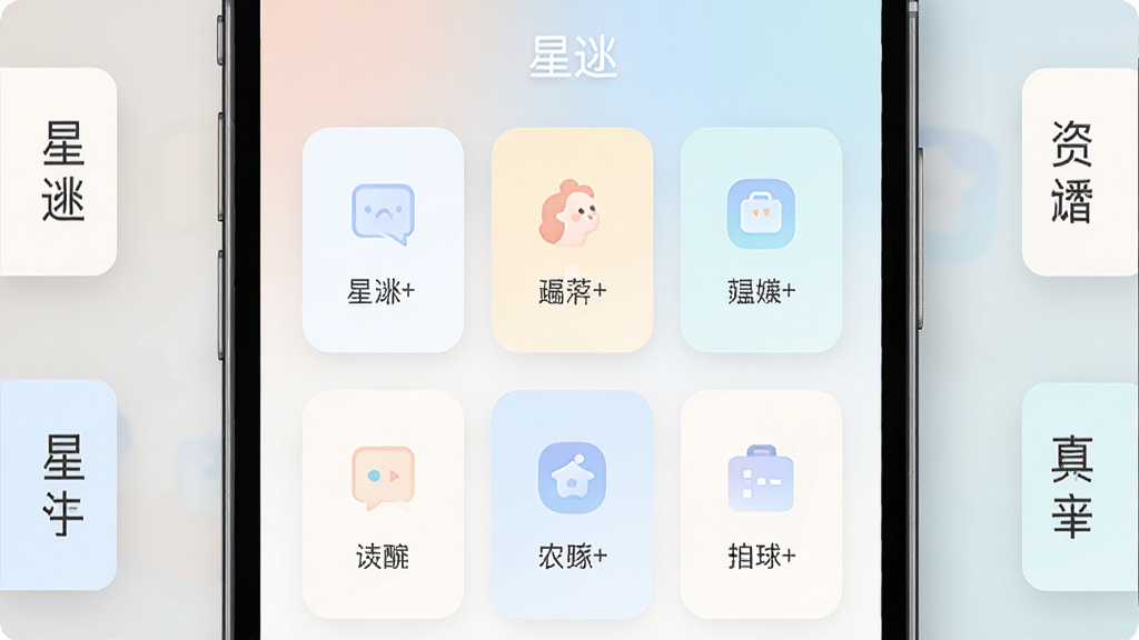 画面以星逑应用主界面为视觉中心,界面采用卡片式布局,功能图标排列整齐,配色柔和清新,背景为浅色渐变,手机两侧有简洁的功能标签标注,整体风格干净利落,画面中带有“星逑”文字标识,画质高清,无杂乱元素