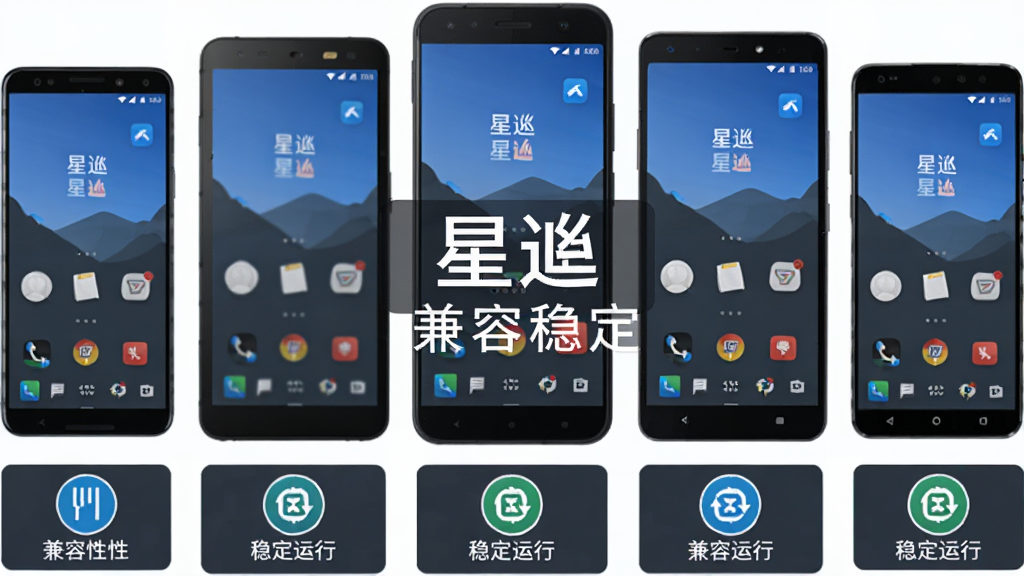 画面中展示多部不同品牌安卓手机并排排列,每部手机屏幕上都运行着星逑应用且显示正常,手机下方有兼容性标识和稳定运行图标,整体风格商务简洁,配色以深灰和蓝色为主,画面中央标注“星逑”和“兼容稳定”,画质清晰,无多余装饰